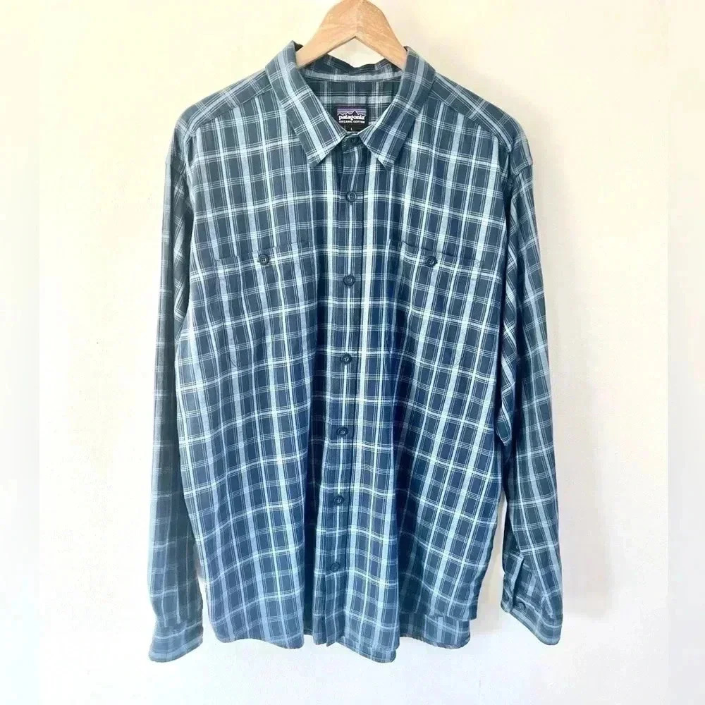 Patagonia Organic Cotton Blue Plaid Long Sleeve Button‎ Up Shirt Size Large